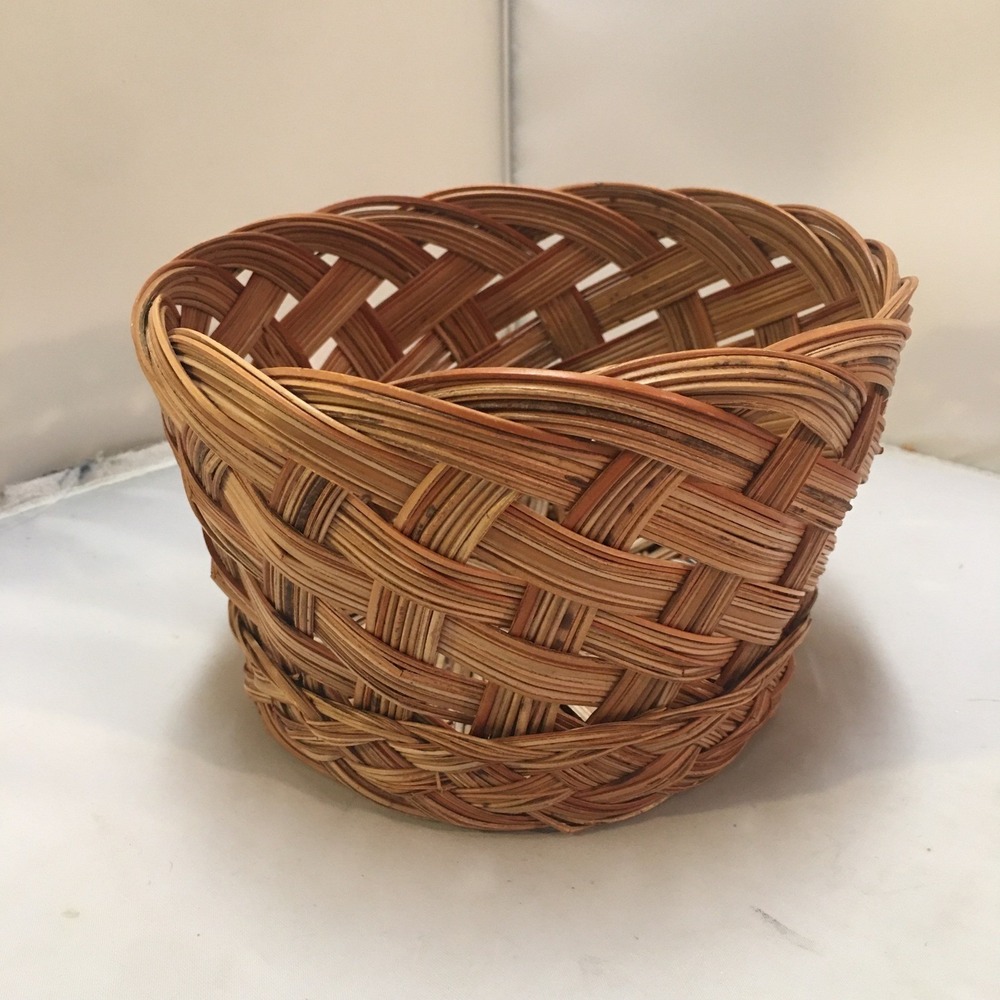 Woven Wicker Basket Home Decor Small Brown Round Open Weave Lattice Cottagecore
